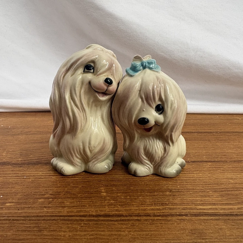 Vintage Hugging Maltese Dog Puppy Ceramic Salt & Pepper Shaker Set 3" Japan